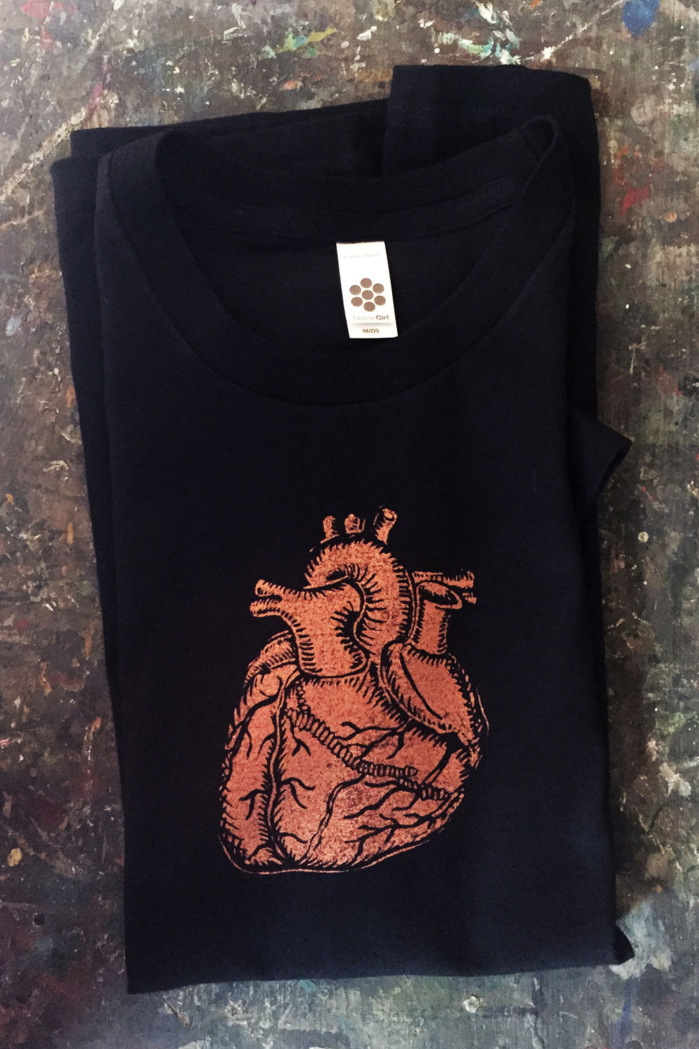 Anatomical heart on black shirt Copper heart on black shirt